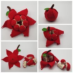 several pictures of red knitted apples with green leaves