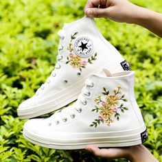 Personalized Wedding Sneakers for Bride and Groom, Wedding Flowers Embroidered Platform Shoes for Wedding, Bridal Flowers Embroidered Converse Custom, Gift for Her 💚 Immerse yourself in the intricate craftsmanship as we lovingly hand embroider rustic flowers onto your chosen Converse pair 💚 🌿 The listed price encompasses both the Converse Shoes and the showcased Embroidery Designs. 1. MANUFACTURING PROCEDURE 🌿 Upon receiving your order, we initiate the shoe preparation process. If your chose Spring Wedding High-top Sneakers, White Sneakers With Appliques For Summer, Spring Wedding Embroidered Sneakers, Spring Embroidered Canvas Shoes With Round Toe, Embroidered Round Toe Wedding Shoes, White Wedding Sneakers For Summer, Spring Wedding Shoes With Embroidery And Closed Toe, Spring Wedding Shoes With Embroidered Closed Toe, Embroidered Sneakers For Wedding