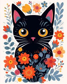 a black cat with orange eyes surrounded by flowers and leaves is shown in the background