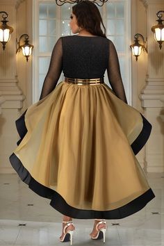 Xpluswear Design Plus Size Cocktail Party Black Gold V Neck Long Sleeve High Low Hem Tulle Midi Dresses [Pre-Order] - Xpluswear Black And Gold Wedding Dress, Black And Gold Outfits, Gold Elegant Dress, Black And Gold Party Dress, Black Gold Gown, Black And Gold Outfit, African Elegance, Black And Gold Dress, Gold Party Dress