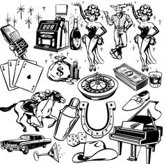 black and white drawing of casino related items