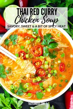 A bowl of Thais Red Curry Chicken Soup with chopsticks. Thai Chicken Curry Soup, Thai Red Curry Soup, Red Curry Soup, Curry Chicken Soup, Thai Red Curry Chicken, Thai Curry Soup, Thai Red Curry Recipe, Chicken Ginger, Red Curry Noodle Soup