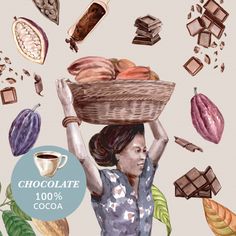 a painting of a woman carrying a basket full of chocolates and cocoa beans over her head