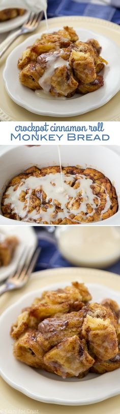 two pictures of cinnamon roll monkey bread on a plate