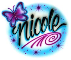 the word ricolo written in black and purple ink with a butterfly flying over it