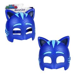 two blue cat masks are shown on a white background