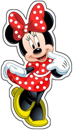 minnie mouse sticker with red and white polka dots on it's head, sitting on