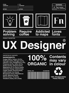 the back side of a black and white poster with instructions on how to use ux designer