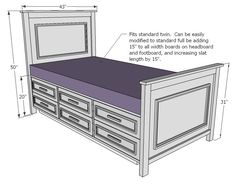 the measurements for a bed frame with drawers on each side and an attached headboard