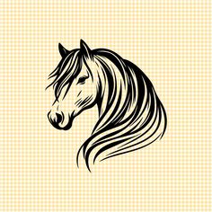 a horse's head with long hair in black and white on a beige background