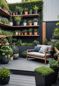 an outdoor patio with potted plants and wooden shelves on the wall, along with a couch