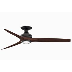 a black ceiling fan with wooden blades