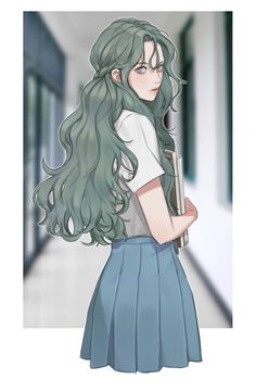 Anime Wavy Hair Female, Green Hair Outfit, Student Reference, Pelo Anime, Student Cartoon, Cold Girl, Character Design Girl, Action Pose, Reference Book