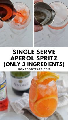 the ingredients for an aperol spritz are being poured into glasses with orange juice