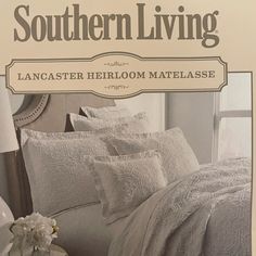 the front cover of southern living magazine featuring an image of a bed with white linens