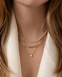 Everyday Chain Necklace, Luxury Timeless Chain Necklace With Diamond Accents, Layer Tennis Necklace, Layering Diamond Tennis Necklaces, Layered Necklaces Diamond, Layering Tennis Necklace, Gold Chain Choker Necklace, Tennis Necklace Outfit Casual, Classic Diamond Necklace