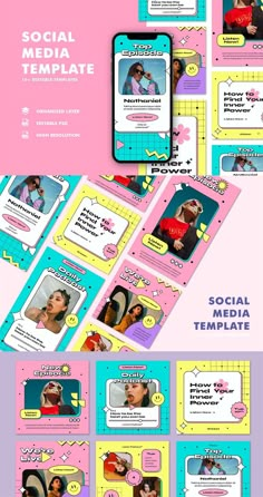 the social media template is shown with different colors and shapes, including pink, blue, yellow