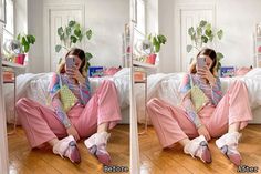 a woman sitting on the floor taking a selfie with her cell phone while wearing pink pants