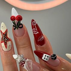 Amy | Gel X Educator & Mentor 🇨🇦 on Instagram: "For my muse @yujinnie_ 🍒🍸🐆🎱  Ib: @gelxbygrace   #3Dnails #gelxnails #apresgelx #almondnails #trendynails #gelnailsdesign #cherrynails #pinterestnails #nailsofinstagram  #cheetahnails  #leopardnails  #y2knails #nailinspo  #nailsart" Valentines Day Junk Nails, 8 Ball Nail Design, Ace Card Nails, Betty Boop Nails Designs, 777 Nails, Ed Hardy Nails, Casino Nails, Bow Nail Art Designs, Freestyle Nails