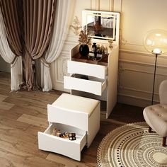 a white vanity with three drawers in front of a mirror and chair next to it