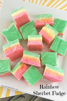 rainbow sherbet fudge on a white plate