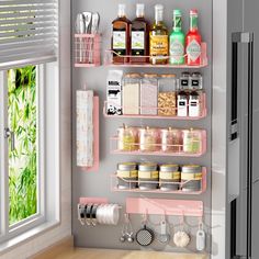 an organized pantry with spices, condiments and utensils on the shelves