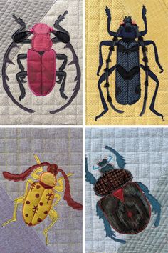 four pictures of different types of bugs on fabric