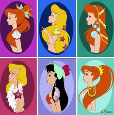 the four princesses from disney's little mermaids are shown in different colors