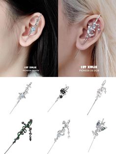 three different types of ear piercings with crystal stones on each side and an image of the