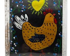 a chicken painted on the side of a wooden frame with flowers and hearts in the background