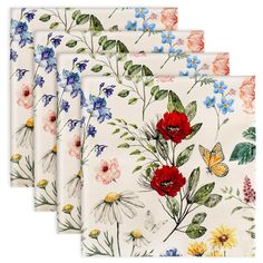 four napkins with colorful flowers and butterflies on white background, set of five in front of each other