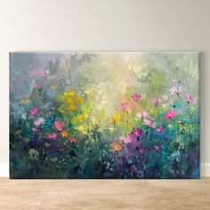 an abstract painting with flowers in the foreground and green, yellow, pink, and blue colors