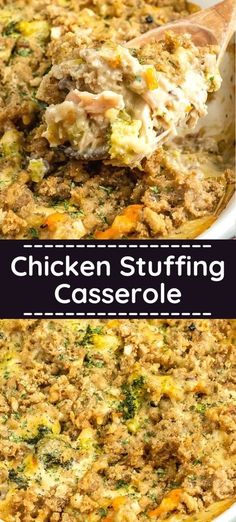 chicken stuffing casserole in a white dish with a wooden spoon and text overlay