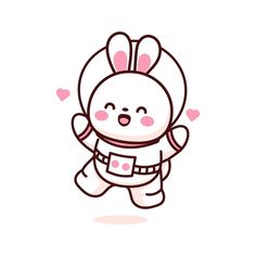 an adorable little bunny with pink hearts on her chest and ears, standing in the air