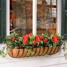 a window sill filled with red flowers next to green shutters