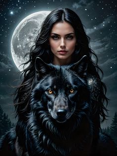 a painting of a woman and a wolf