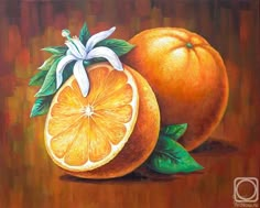 an oil painting of two oranges with leaves and flowers on the top one is cut in half