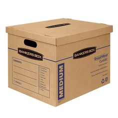 Easy set-up. No tape required for box assembly. Convenient lift-off lid. Easy carry handles. Durable, double end, double bottom construction. Constructed from strong 32 ECT B-Flute Kraft corrugated board. Medium size. Measures 14.5 by 15.5 by 19 Inches. BANKERS BOX 15.5-in W x 14.5-in H x 19-in D SmoothMove Classic 5-Pack Medium Heavy Duty Recycled Cardboard Moving Box with Handle Holes | 7717207 Moving Containers, Wardrobe Boxes, File Boxes, Box Tape, Corrugated Board, Office Materials, Moving Supplies, House Essentials, Moving Boxes