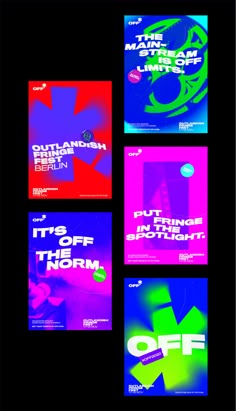 four different types of posters on a black background