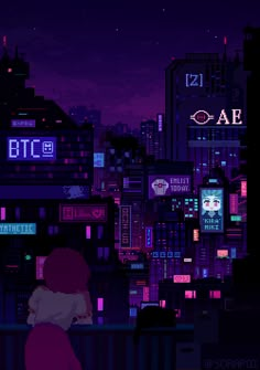 a person standing in the middle of a city at night with neon lights and buildings