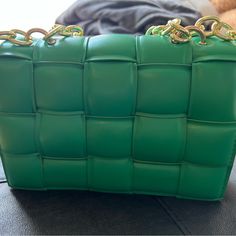 Green Basket Weave 10x6 Handbag. Gold Chain. Purchased And Opened, Never Used. Chic Green Shoulder Bag With Braided Handles, Green Chain Strap Bag For Errands, Green Pouch Bag With Braided Handles, Green Tote Bag With Chain Strap, Green Square Satchel For Errands, Elegant Green Shoulder Bag With Braided Handles, Green Rectangular Flap Bag For Shopping, Green Rectangular Bag With Braided Handles, Green Square Bag For Errands