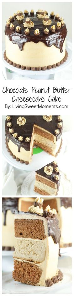 chocolate peanut butter layer cake is cut into slices and stacked on top of each other