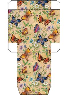 an open box with butterflies and flowers on the front, side and back sides are shown