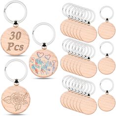 wooden key chains with engraved images and numbers