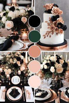 a collage of black, white and peach wedding colors with gold touches on the cake