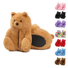 a teddy bear sitting next to several pairs of slippers in different colors and sizes