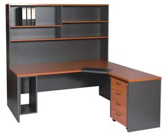 an office desk with two drawers and a book shelf