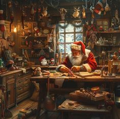 a santa clause sitting at a desk in a room filled with christmas decorations and other items