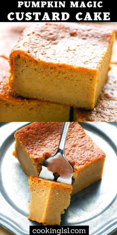 pumpkin magic custard cake is cut into squares and served on a plate with a spoon