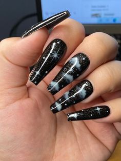 Starry Haze Night Sky Stars and Clouds Black Diamond Press on - Etsy Ballerina Nails Shape, Black And White Nails, Black Nails With Glitter, Diamond Press, Witchy Nails, Sky Nails, Muster Tattoos, Black Acrylic Nails